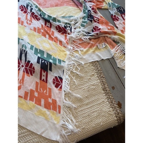 Umgee White Multi Rainbow Color Open Front Cardigan Sz M Fringe Southwest Aztec - Picture 7 of 9